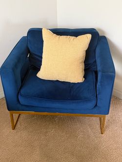 Blue Velvet Accent Chair with Gold Legs