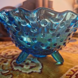 Blue Glass Toed Hobnail Bowl