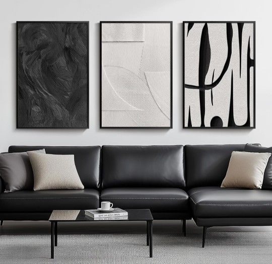 Large Framed Black and White Abstract Wall Art for Living Room, 3 Piece Big Modern Canvas Prints Paintings Artwork for Walls, Minimalist Abstract Art 