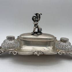 Antique Victorian Sterling Silver & Glass Inkstand(3 LB w/o Ink Bottles) w/Putti Handle 