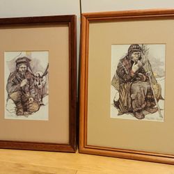 2 Postcard Pictures Sami govat Arletta Renttila Anar, Sapmi In Wood Frames, 12 1/4” X15 1/2”, w/Matts.