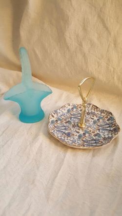 Blue Satin Glass Basket and Lefton Tidbit Handled Tray