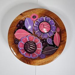 Handmade Mexican Bowl Wood Glazed Floral
