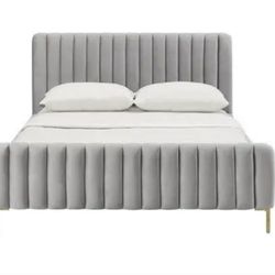 King Size Grey Velvet Platform Bed – Modern  Style 