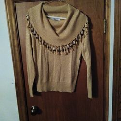 Metallic Gold Cowl Neck Sweater With Dangles Size Small By Dress Barn