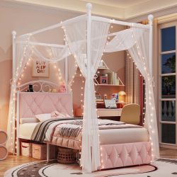 Twin Size Canopy Bed Frame, 1 Big Drawer Storage Platform Bed, Button Tufted Upholstered Headboard with Charging Station, Pink 