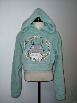 Totoro Studio Ghibli My Neighbor Floral Sherpa Lounge Top Cropped Mint Green Lrg