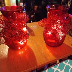 Red Vases With Fairy Lights And Red Lacy Ribbon 20.00