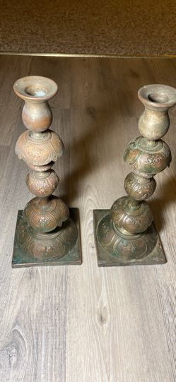 1(contact info removed) Norblin & Co. "Petticoat" brass Shabbat candlesticks, manufactured in Warsaw, Poland