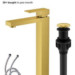 BATHROOM FAUCET TALL BRUSHED GOLD POP UP SINK DRAIN LlAVE ALTA PARA EL BAÑO COLOR ORO CEPILLADO CON MANGUERAS Y CONEXIÓN AL DRENAJE COMO EN LA FOTO