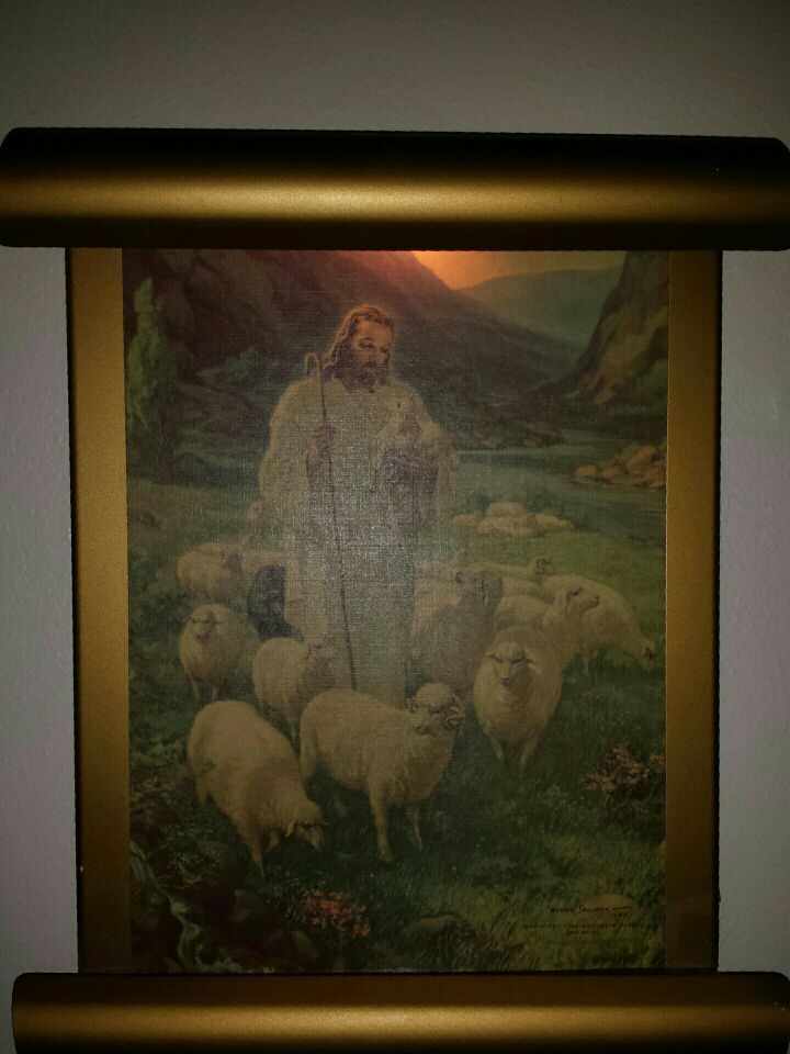 Vintage Warner Salman. Classic Christian art of CHRIST Shepherd illuminated in lamp frame