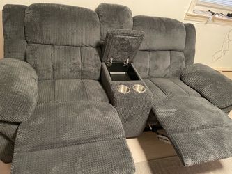 Gray Fabric Reclining Loveseat with Console