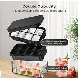 Ice Cube Tray With Lid And Bin 16 Pcs Big Ice Cubes Molds For Freezer, With 2 Trays, Ice Freezer Container, Spill-Resistant Removable Lid & Ice Clip 