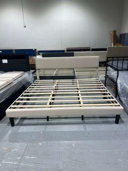 M-New King Size Upholstered Platform Bed Frame Modern Fabric Headboard Sturdy Metal Frame and Wooden Slats for Double Support Non Slip Noise Free No B