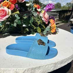 Versace Slides – Light Blue/Gold – Size 40 (US 9)