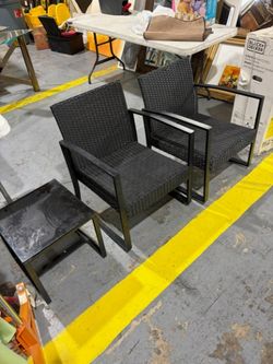 2 Black Wicker Patio Chairs and Side Table Set