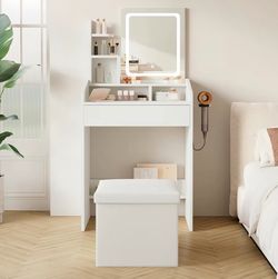 White Vanity Desk with LED Mirror and Stool