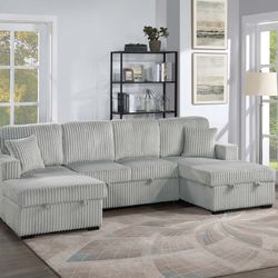 Brand New Ash Corduroy Sectional Sofa Storage Sleeper 