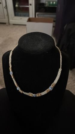 Boho Cream Macramé-Style Necklace with Wood-Tone and Blue Beads