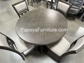 NEW Premium Quality 5 PIECE Round Table Dining Set Upholstered Fabric Cushion Chair Weathered Grey Finish Solid Wood Frame Ashley Jerome Style Kitchen