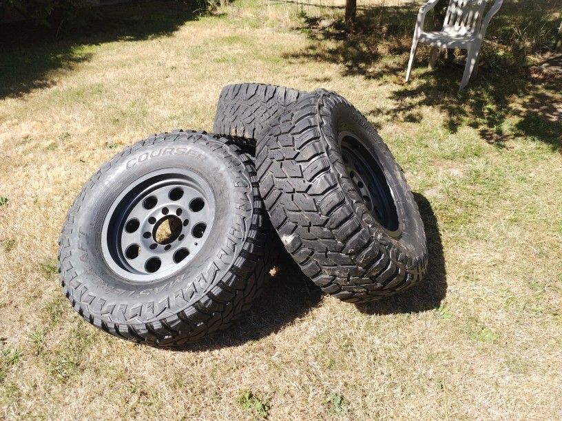 Tires And Wheels. 8 Lug Chevy Two Of Them Have At Least 60% Two Of Them Not So Good. All Four $300 Firm Ad Will Stay Up Until They're Sold
