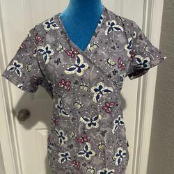SB Scrubs Butterfly Print Scrub Top – Gray Multi-Color – Small/Medium  