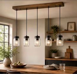 5-Light Mason Jar Pendant Light – Wood & Black Farmhouse Chandelier