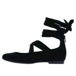 Black Suede Lace Up Ballet Flats 