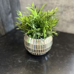 Decorative Mirrored Mosaic Bowl With Faux Plant 