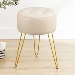 Faux Leather Vanity Stool Chair for Makeup Room, Almond Stool for Vanity, 19" Height, Tufted Small Vanity Chair Stool with Metal Legs, Modern Foot Sto