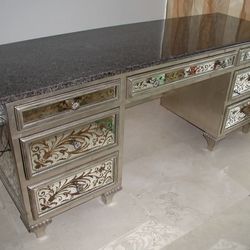 Rare Mirrored Large Sized Writing Desk with Glass Golden Pattern and Marble Top
