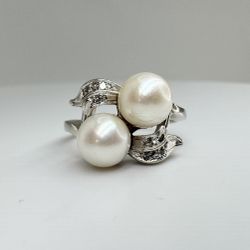 Ladies Pearl & Diamond 14k White Gold Ring Size 6 11049323