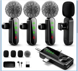 4 Packs Wireless Lavalier Microphone for iPhone Android Camera Mini Clip-On Mic with Noise Reduction for 4-Person Video Recording, Interviews, Podcast