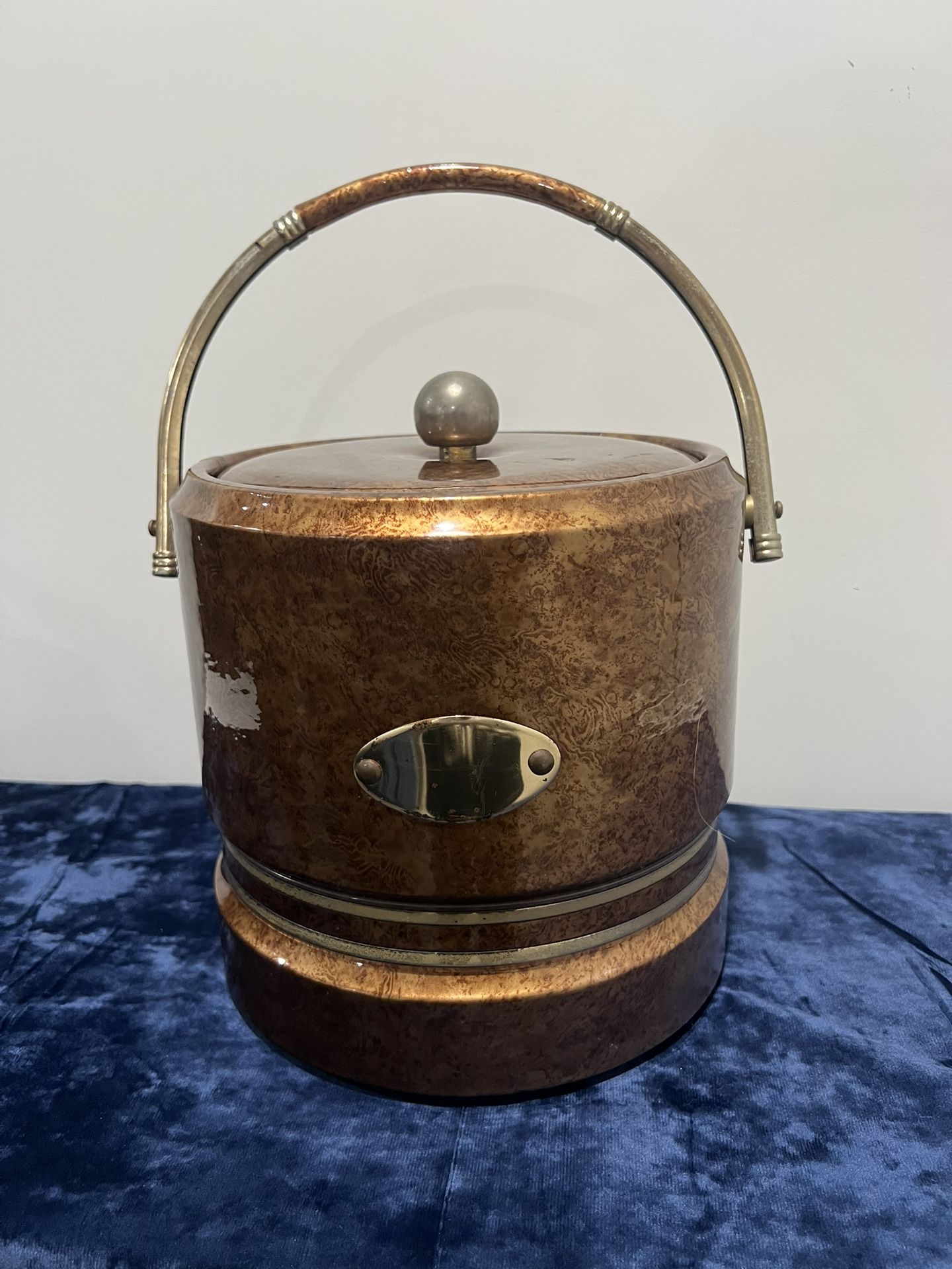Vintage Ice Bucket Brass Handle Brown Gold Hollywood Glam