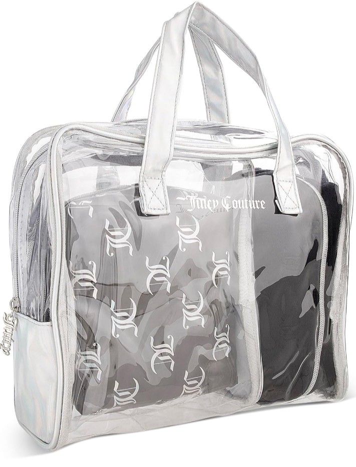 Juicy Couture Women's Cosmetics Bag - Travel Makeup and Toiletries Train Case Nested Bag Set, Black and Silver