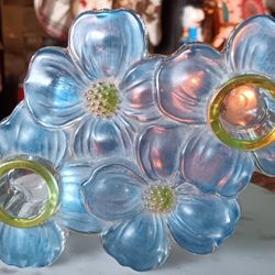 1950s Indiana Glass Lancaster Colony Blue Stain Dogwood Blossom Double Candle.