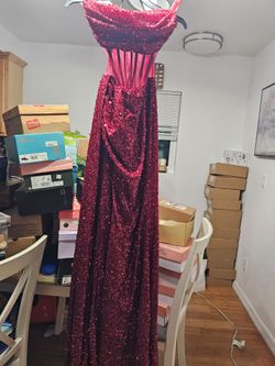 Red Sequin Strapless Formal Gown