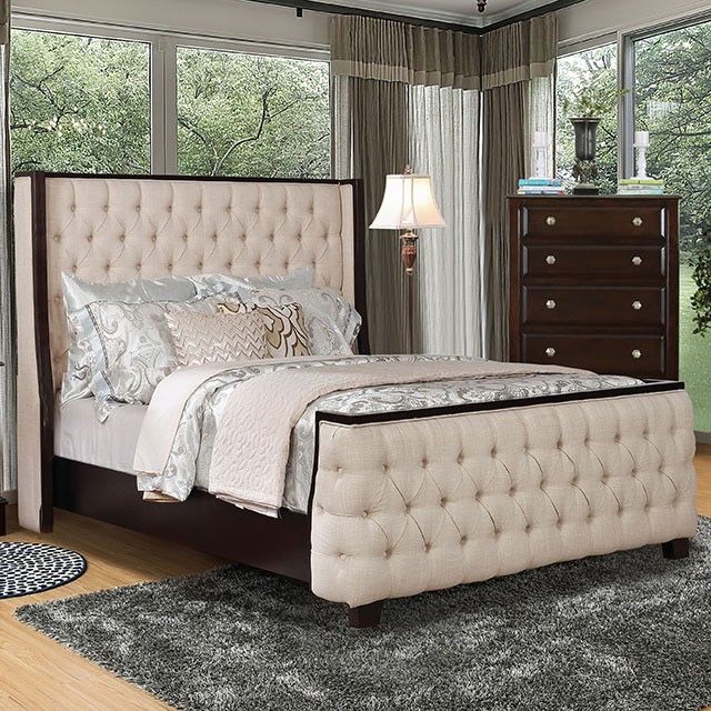 BEIGE UPHOLSTERED QUEEN BED FRAME ! MATTRESS IS NOT INCLUDED