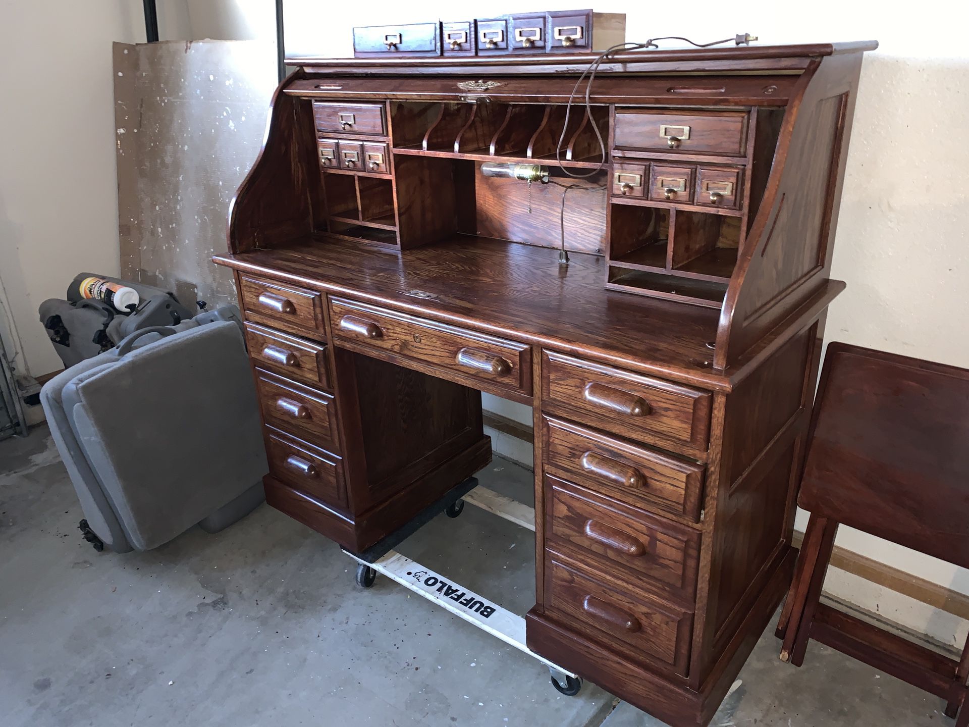Antique vintage roll up office desk drawer recent stained with key furniture