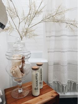 Bathroom Reset Set - Elegant Glass Container, Bathroom Essentials & Essential Oil Candles