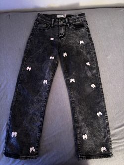 Girls Black Acid Wash Jeans with Bow Print