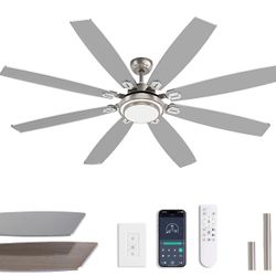 SNZ 60 Inch Large Ceiling Fans with Lights and Remote, Nickel Ceiling Fan with Quiet Reversible DC Motor, 3 CCT Dimmable LED, Modern 8 Blades Fan for 