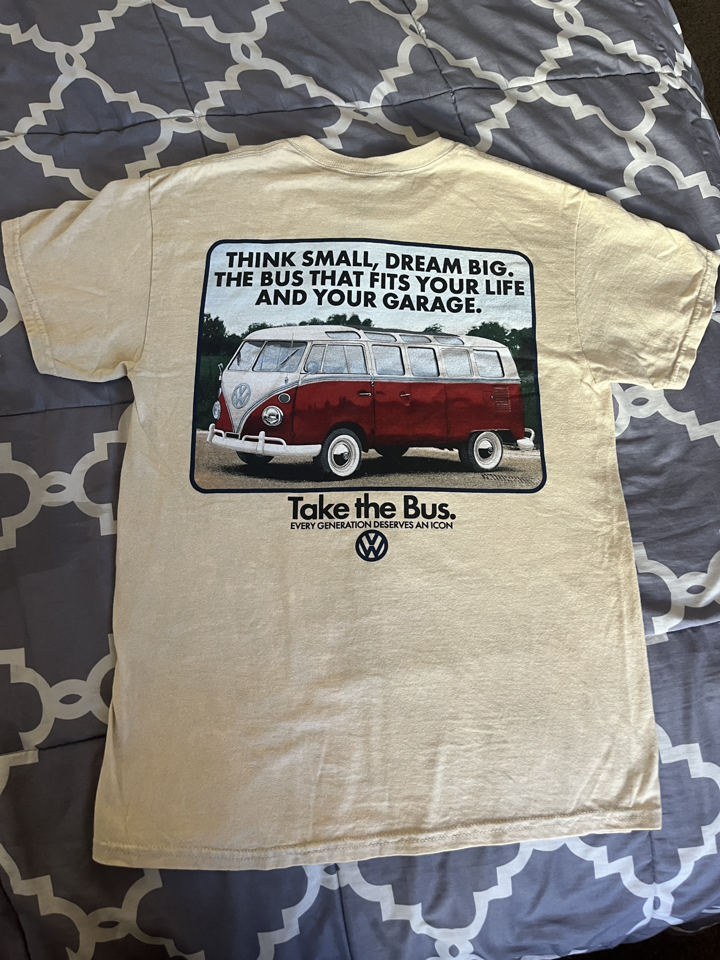 NWOT Changes men's short sleeve cream t-shirt features a red VW bus print,