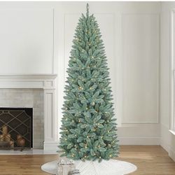 7.5FT Prelit Slim Artificial Christmas Tree with 843 Branch Tips, 250 Dual-Color LED Lights and Metal Stand, Realistic Skinny Pencil Blue Spruce Tree 