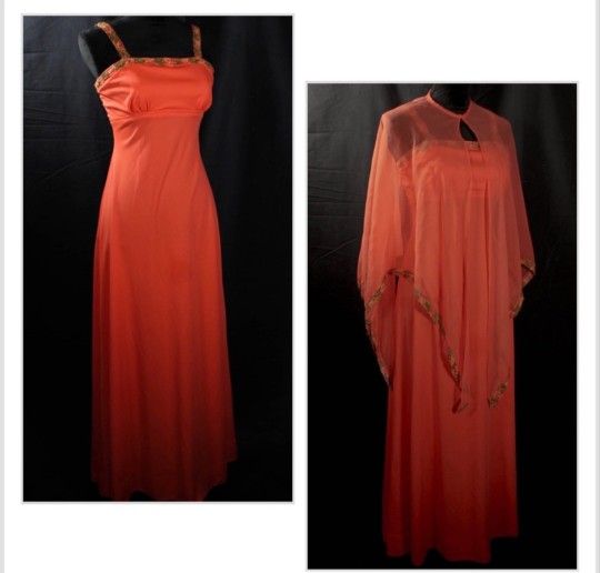 Vintage 1970s Peachy Coral A Line Maxi Dress Gown Dress with Shawl prom homecoming
