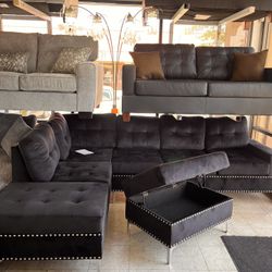 Blue Or Black Velvet Material Sectional With Storage Ottoman 