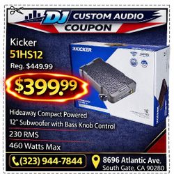 Kicker HS12 Compact Powered 12" Subwoofer With Bass Knob Control 460 Watts 51H12 🚨 Payment Options Available 🚨 No Credit Needed 🚨 