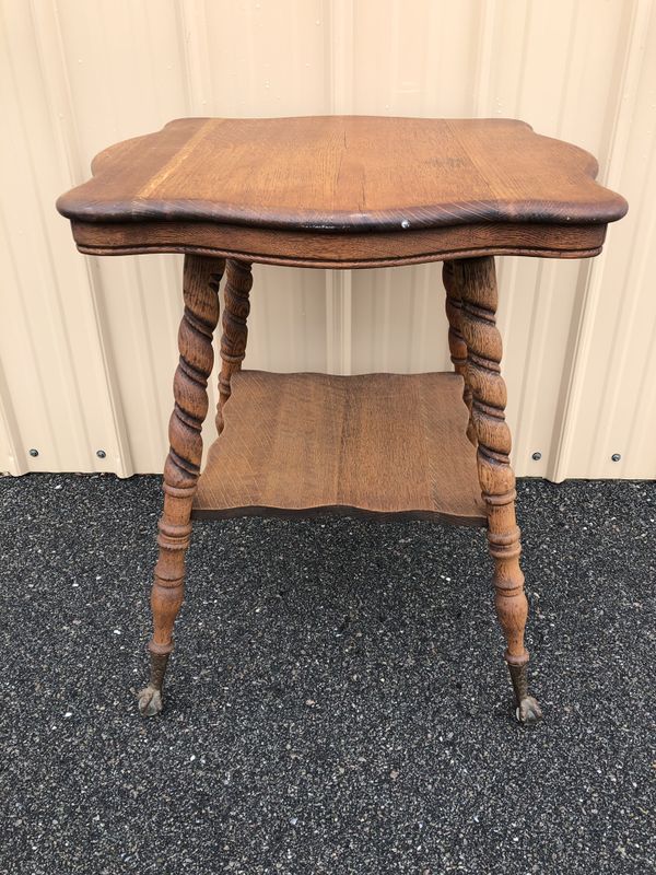 Antique OAK Brass CLAW FOOT Square TABLE Stand with Glass Ball Feet