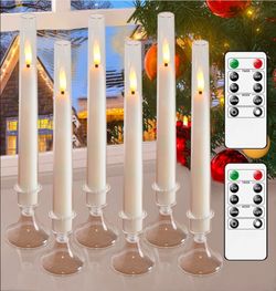 Lezonic Flameless Candles Battery Operated with Remote, 6Pcs White Acrylic Flameless Candlesticks with Holders, LED Taper Candles Flickering with Base