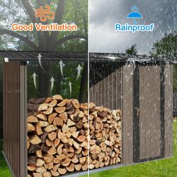 Outdoor Metal Firewood Rack and Storage Shed, Brown and Black,Two-in-one function